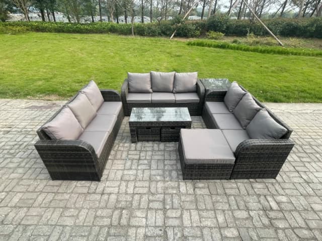Fimous 12 Seater Rattan Garden Furniture Set Indoor Outdoor Patio Sofa Set with Coffee Table 3 Footstools Side Table Dark Grey Mixed Dark Grey