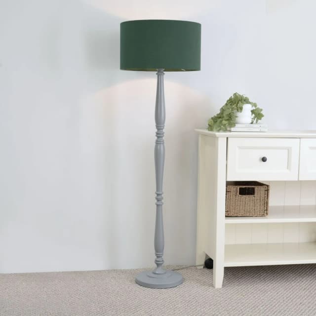 ValueLights Victoria Grey Wood Traditional Stem Floor Lamp with Fabric Drum Shade Green