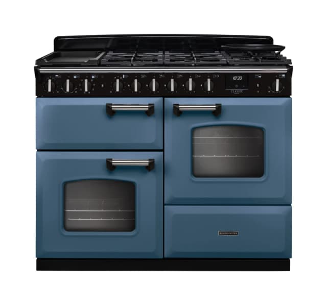 Rangemaster Classic Deluxe 110 CLDLO110DFPSTB/CM1 110cm wide Dual Fuel Range Cooker with Gas Hob - Stone Blue / Chrome - A Rated