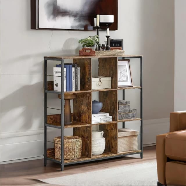 Rafaelo Mobilia 3 Tier Cube Storage Shelf With 9 Compartments Industrial Rustic in Dark Brown Dark Brown Unisex