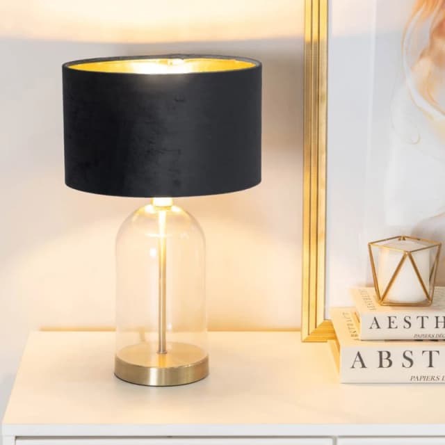 ValueLights ValueLights Jessy Glass with Gold Trim Table Lamp with Velvet Drum with Gold Shade & Bulb in Black One Size Unisex 5059406061103