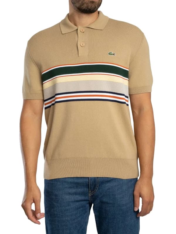 Lacoste French Made Striped Polo Shirt Beige/White/Navy Blue/Yellow S