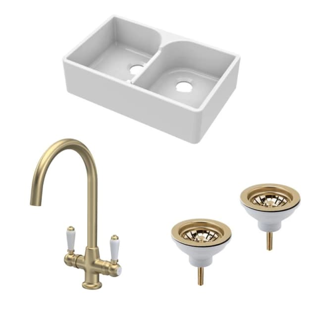 BALTERLEY Balterley - Fireclay Kitchen Bundle - Double Bowl Stepped Weir Butler Sink, Wastes & Mono Lever Tap, 795mm - Brushed Brass BKS213WT12