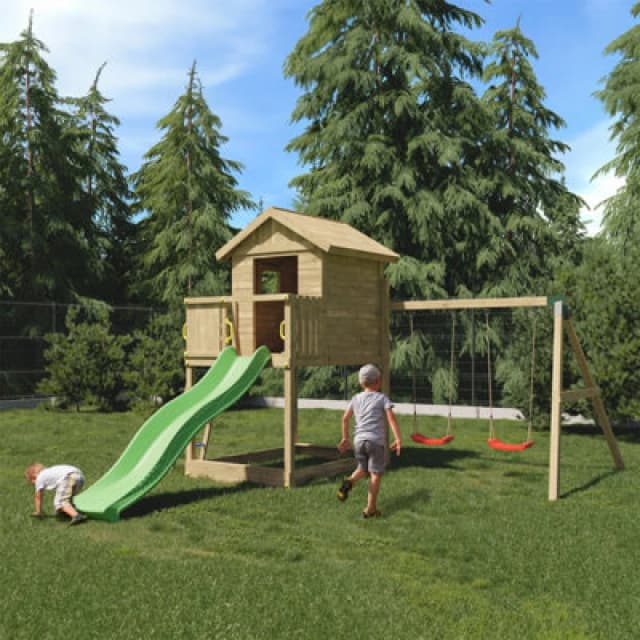 Shire Galaxy Play Equipment With Double Swings, Slide And Raised Playhouse