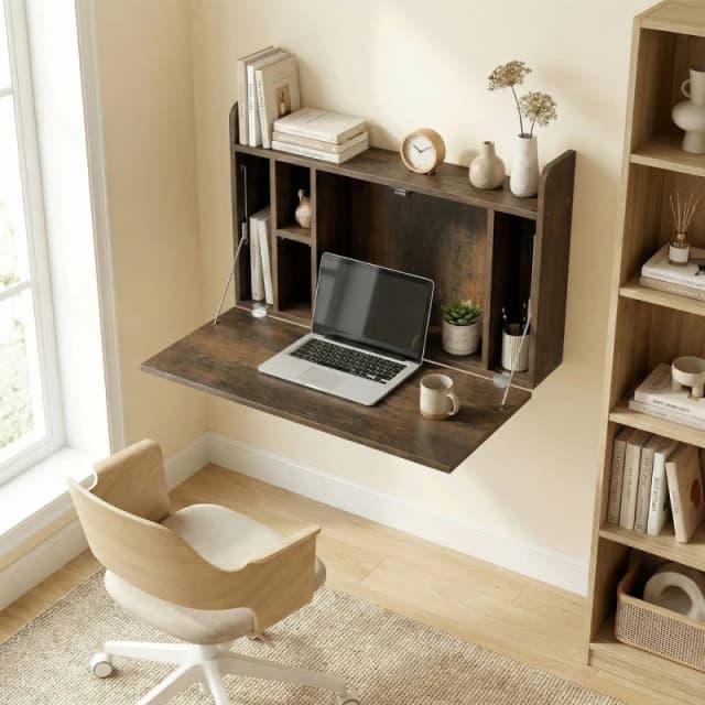 HOMCOM Wall Mounted Table w/ Space Saving Storage Compartments in Dark Brown Dark Brown Unisex