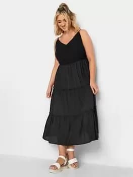 Yours Embroidered Strappy Tiered Midi Dress - Black, Size 14, Women