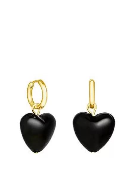 Gold Black Resin Heart Huggie Hoop Earrings