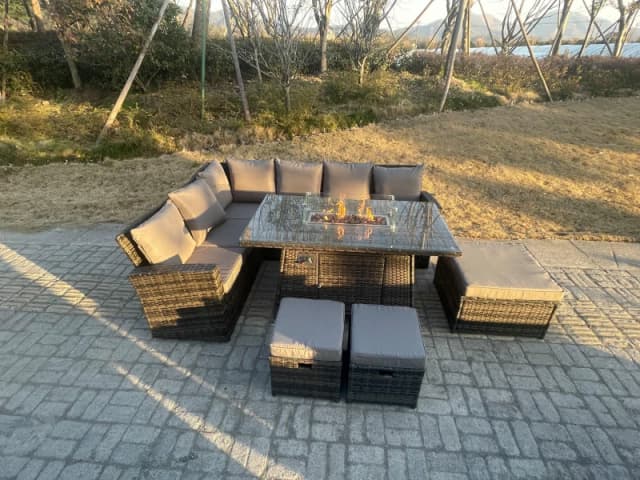 Fimous High Back Rattan Garden Furniture Sets Gas Fire Pit Dining Table Left Corner Sofa Small Footstools Chair 9 Seater Dark Grey