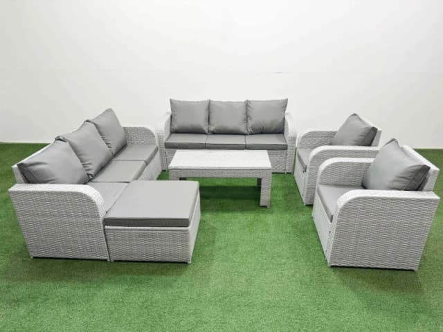 Fimous PE Rattan High Back Lounge Sofa Set Patio Oblong Coffee Table & Chairs Set with 3 Seater Sofa Reclining Chair Big Footstool Light Grey Light Gr