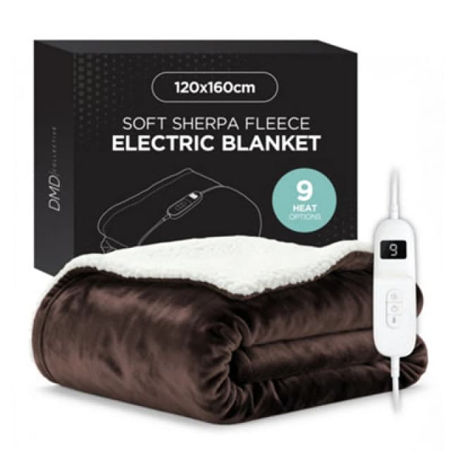 DMD Collective Heated Electric Blanket Throw Fleece Sherpa 9 Heat & Timer Settings 120x160cm Machine Washable Brown