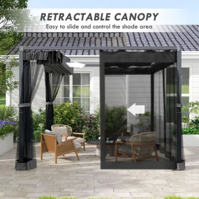 Outsunny 3 X 3 M Pergola With Retractable Roof And Netting, Dark Grey 84C-482V01GY
