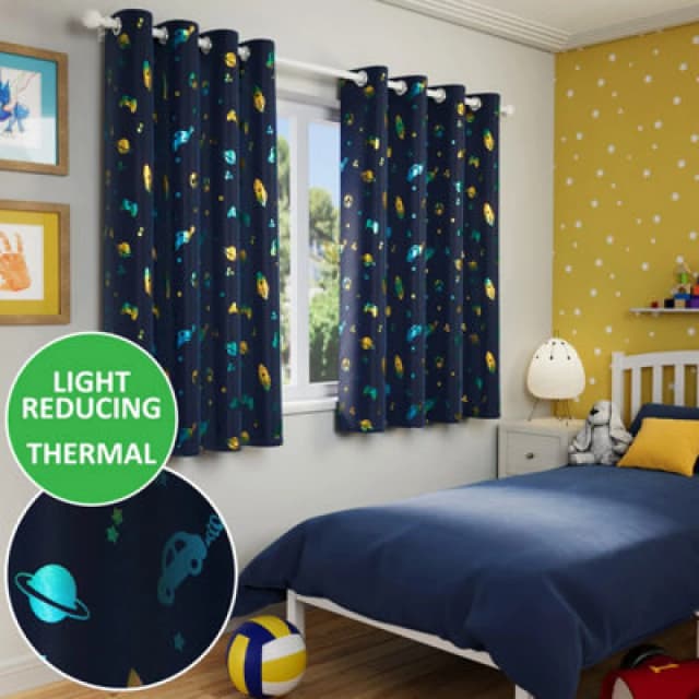 Enhanced Living Kids Blue Space and Football Thermal Room Darkening Eyelet Curtain - For Childrens Bedroom Blue