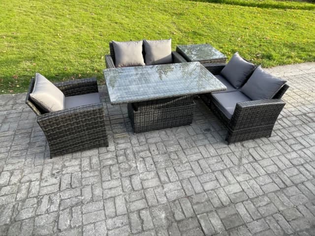 Fimous 5pcs Rattan Outdoor Garden Furniture Set Height Adjustable Rising Lifting Table Sofa Dining Set with Side Table Dark Grey Mixed Dark Grey Unise