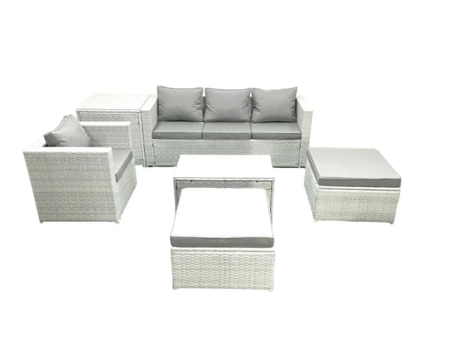 Fimous 6 Pieces Rattan Garden Furniture Set Outdoor Garden Sofa Chair Coffee Table Set with Side Table 2 Big Footstools Light Grey Mixed Light Grey