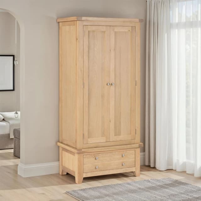 Seconique Windsor 2 Door 1 Drawer Wardrobe Real Natural Oak Part Assembled