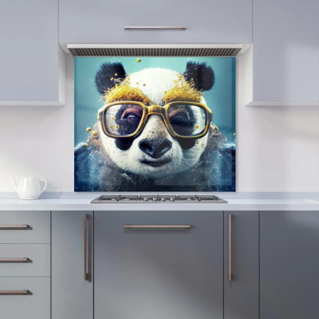 Warren Reed - Designer Panda With Golden Glasses Splashart Kitchen Splashback in Yellow Size: 600mm x 750mm Yellow Unisex 600mm x 750mm