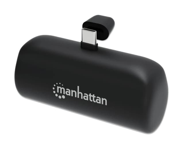 Manhattan Manhattan Power Bank with integrated USB-C plug, 5000 mAh, Up to 20W output, Kickstand for Use as Charging Phone Holder, Black, One Year War