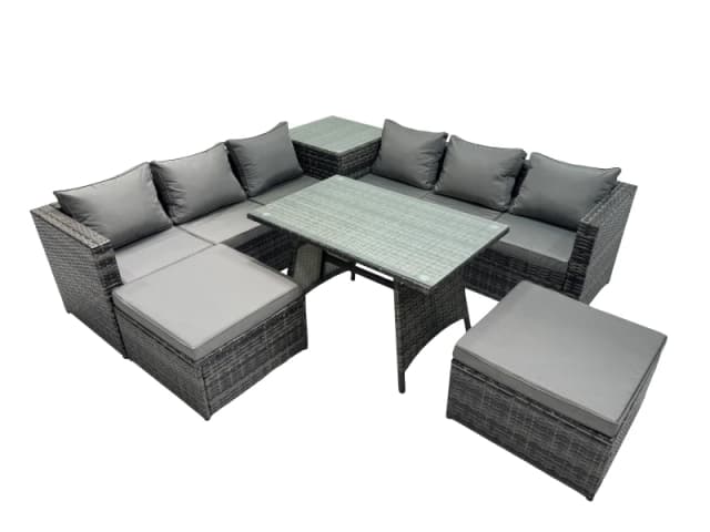 Fimous Garden Rattan Furniture Set 8 Seater with Side Table Stools Dark Grey Dark Grey Unisex
