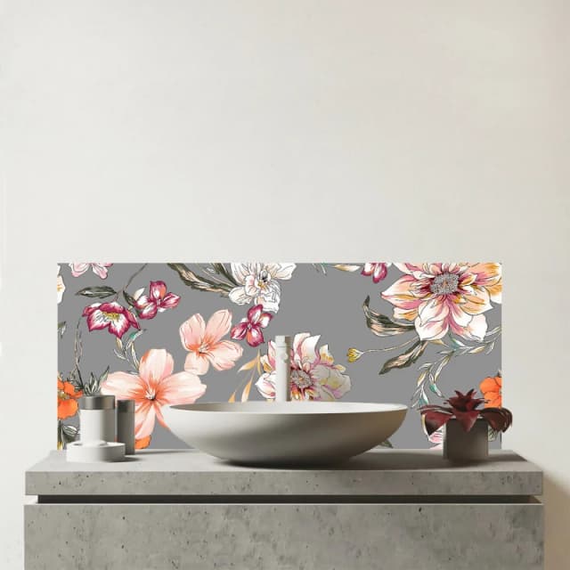 Warren Reed - Designer Peony, Lily, Tulip, Daisy Glass Bathroom Splashback in Grey Grey Unisex