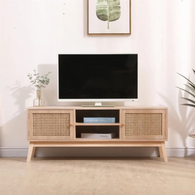 Furniturehmd TV Stand Cabinet With Shelves Wicker Door Front Scandi Style Entertainment Unit For Tv's Up To 55" Living Room