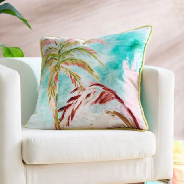 Appletree Leilani Tropical Palm Leaf Print Green Velvet Filled Cushion