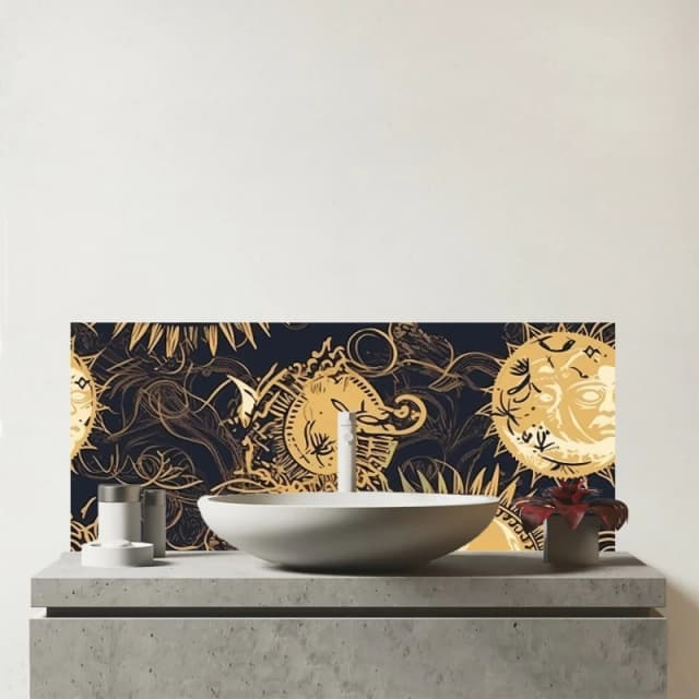 Warren Reed - Designer Moon & Sun Gold Blue Glass Bathroom Splashback in Yellow Yellow Unisex