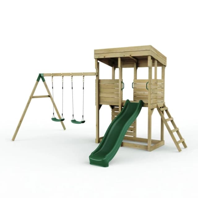 OutdoorToys XL Lookout Tower Playhouse with Double Swing & Slide for Kids in Brown Brown Unisex