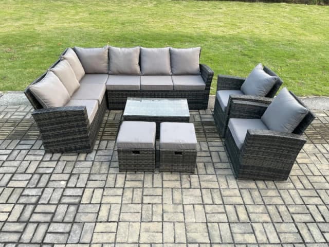 Fimous 10 Seater High Back Outdoor Garden Furniture Set Rattan Corner Sofa Set With Rectangular Coffee Table in Dark Grey Dark Grey Unisex