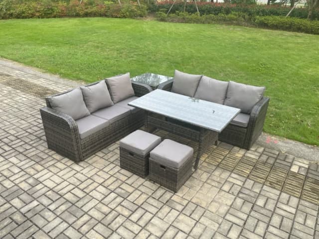 Fimous Rattan Garden Furniture Set with Oblong Dining Table 2 Small Footstools Side Table 6 Pieces Outdoor Sofa Set Dark Grey Mixed Dark Grey Unisex