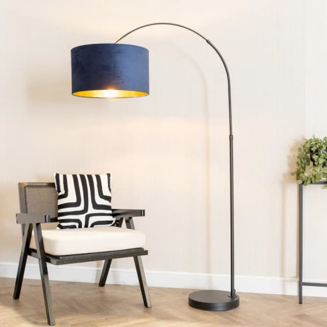 ValueLights ValueLights Louis Black Arched Floor Lamp with Velvet Drum Metallic Gold Inner Shade in Dark Navy Dark Navy One Size Unisex 5059406061127
