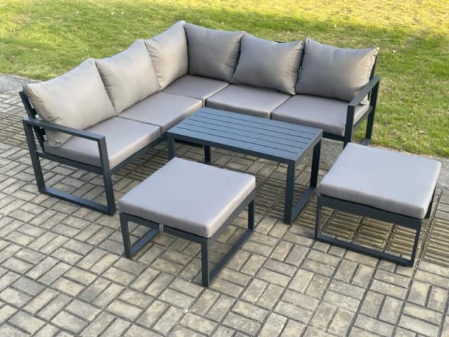 Fimous Aluminium Outdoor Garden Furniture Set Lounge Sofa Coffee Table Sets with 2 Big Footstool Indoor Conservatory Set Dark Grey Dark Grey Unisex