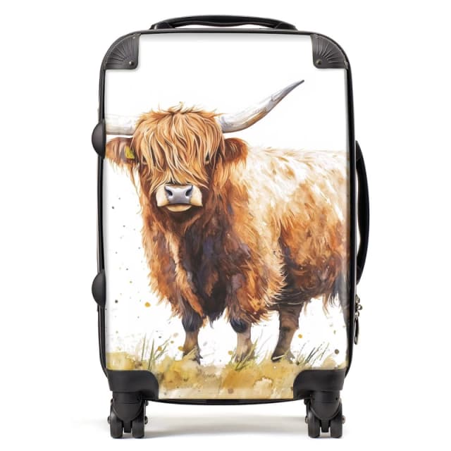 Warren Reed - Designer Watercolour Highland Cow Suitcase in Brown Size: Cabin Brown Unisex Cabin
