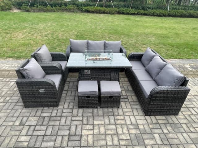 Fimous Garden Patio Furniture Wicker Rattan Gas Fire Pit Table and Sofa Chair set with 2 Small Footstools Dark Grey