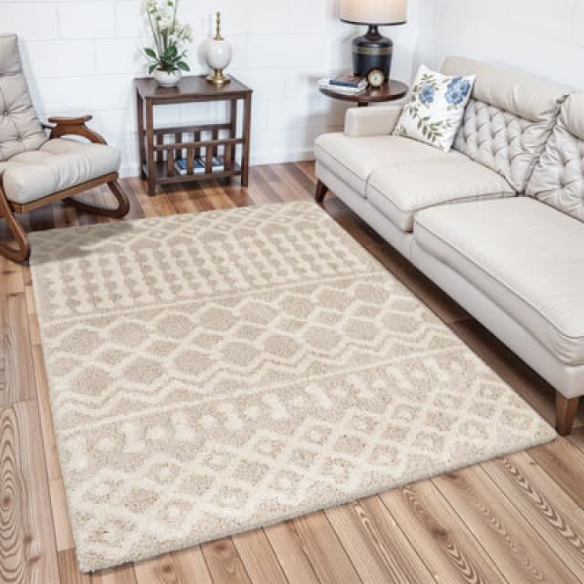 Livabliss Shaggy Geometric Plush Pile Cream Beige Nour Area Rug 200 X 290 Cm - Easy Care, Non Shedding, Ideal For Living Room & Bedroom