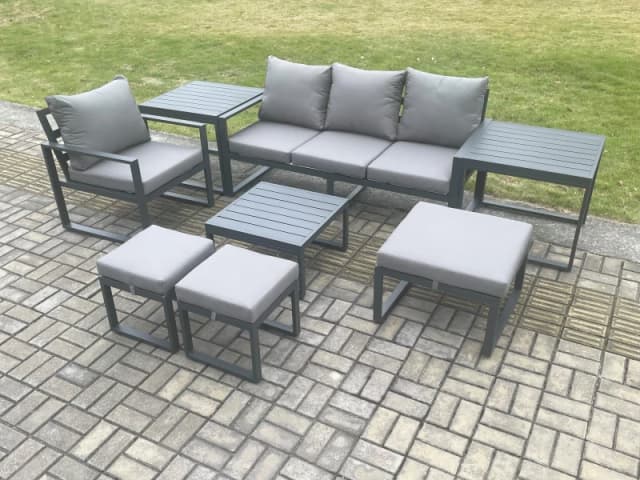 Fimous Aluminium Outdoor Garden Furniture Set Lounge Sofa Chair Square Coffee Table Sets with 2 Side Tables 3 Footstools Conservatory Set in Dark Grey