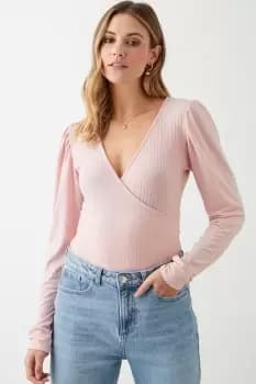 Rib Wrap Puff Sleeve Top