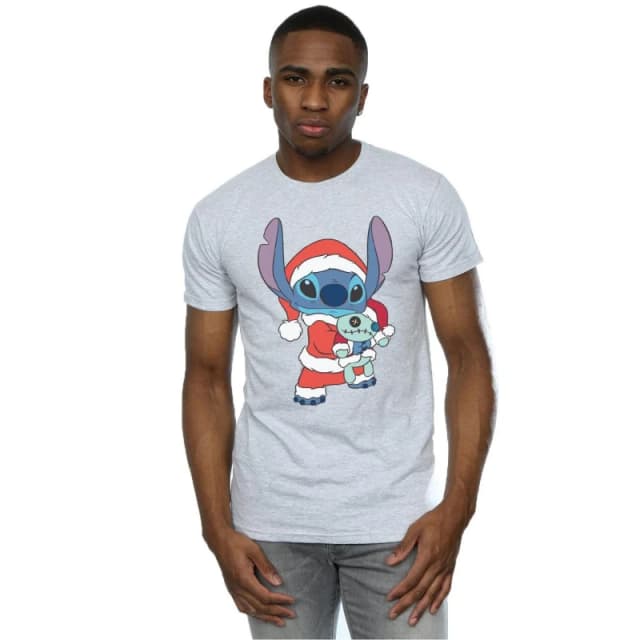 Disney Men Lilo And Stitch Stitch Christmas T-Shirt in Grey Size: Small Grey S Male 5059400307573
