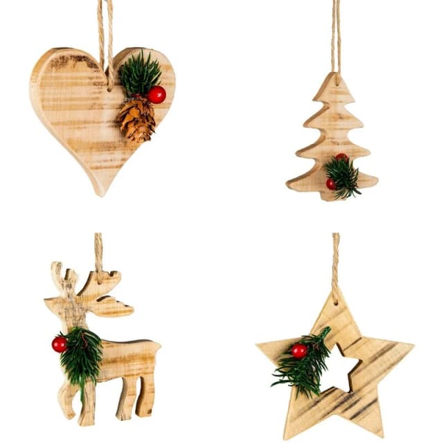 Shatchi 4Pcs Wooden Craft Assorted Shapes - Heart,Tree,Star,Reindeer- Christmas Tree Hanging Decorations Natural