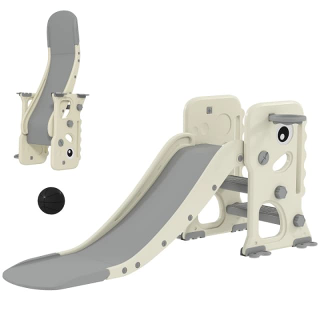 AIYAPLAY Foldable Kids Slide with Climber, Basketball Hoop, Cream White, Cream 331-087V00CW