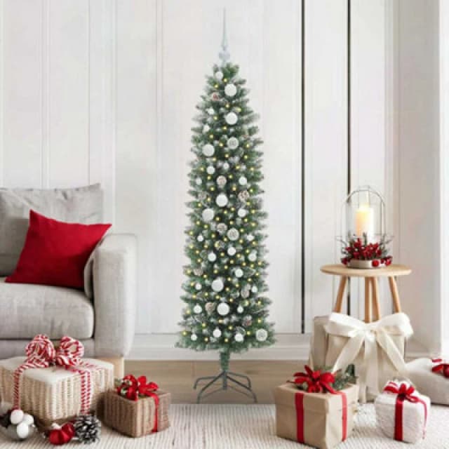 vidaXL Artificial Slim Christmas Tree with White Balls Green and white 150 cm, Green 3395284