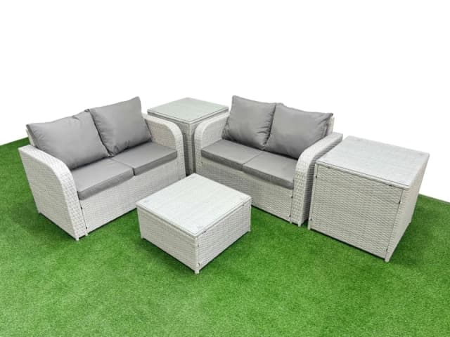 Fimous 4 Seater Outdoor Love Sofa Set Rattan Garden Furniture Set with Square Coffee Table 2 Side Tables Light Grey Light Grey