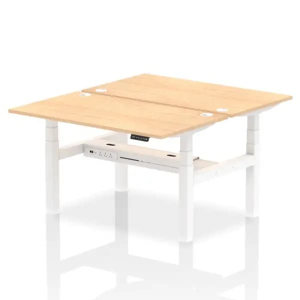Air Air Back-to-Back 1400 x 800mm Height Adjustable 2 Person Bench Desk Maple Top with Cable Ports White Frame HASCP2P14800MPEW