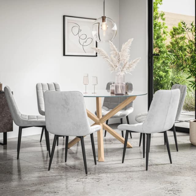 More4Homes Malvern Round Dining Table And Chairs - Clear Glass Table Top W Solid Oak Legs + Nova Velvet Dining Chair Set Of 6 (Grey)