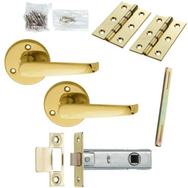 Loops Door Handle & Latch Pack Brass Victorian Scroll Straight Screwless Round Rose Metallics