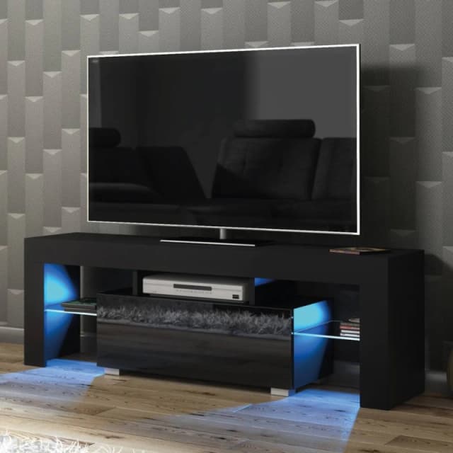 Creative Furniture Floe TV Unit 130cm - Black with Gloss Doors & LED Lights Black Unisex