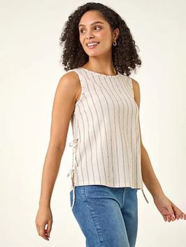 Roman Womens Stripe Side Tie Detail Top in Ivory Size: 12 Ivory Female 12