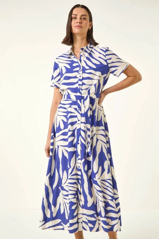 Roman Womens Leaf Print Belted Midi Shirt Dress in Royal Size: 14 Royal Female 14