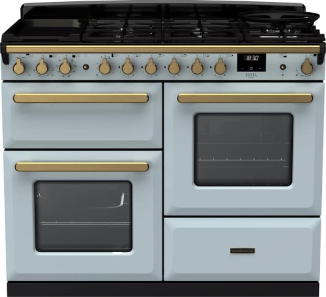 Rangemaster Estel Deluxe ESDLO110DFPMSB/AB1 110cm wide Dual Fuel Range Cooker with Gas Hob - Misty Blue / Antique Brass - A/A Rated