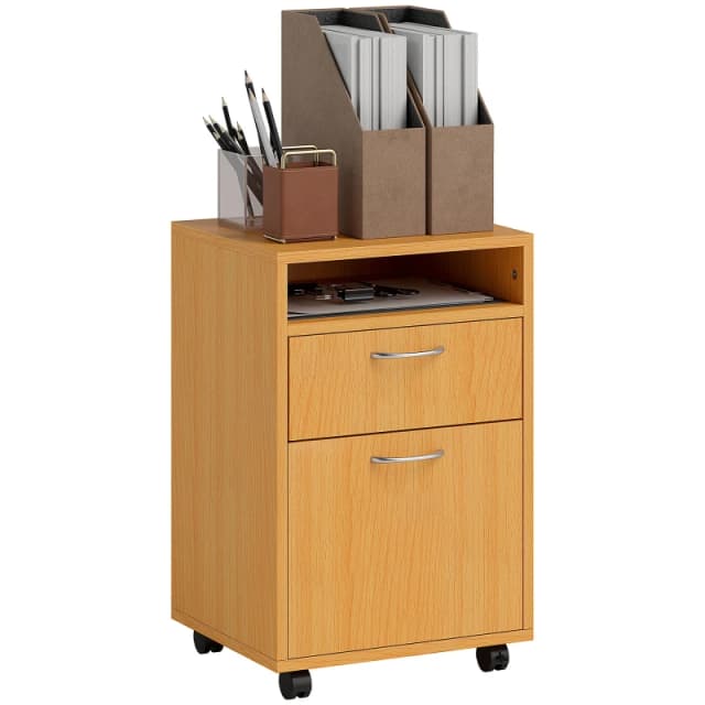 HOMCOM 60cm Filing Cabinet with Drawers and Open Shelf - Natural wood finish TJ Hughes 5061025099504