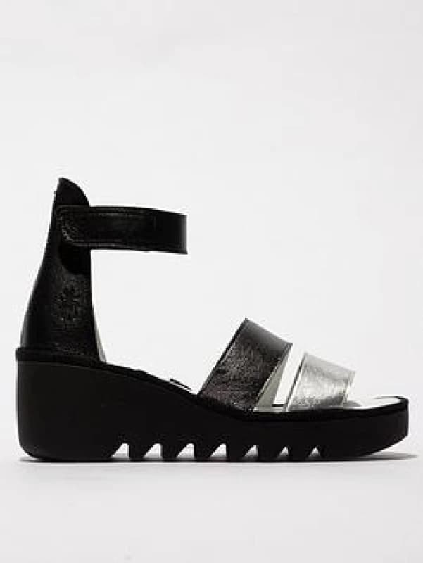 Fly London BONO290FLY Leather Womens Wedge Sole Sandals - Silver Graphite Black - Size:UK 4